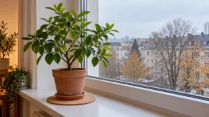 Цитрусовое в терракотовом горшке на круглой пробковой подставке возле оконного стекла.