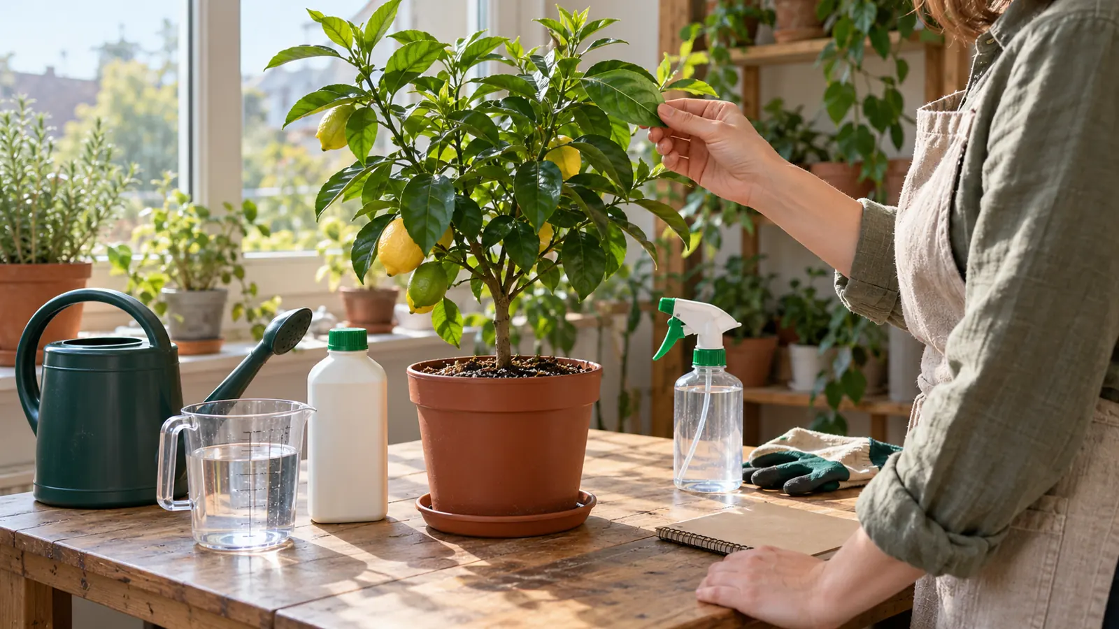Рядом с лимоном на столе стоят лейка, распылитель и мерный кувшин, человек осматривает лист